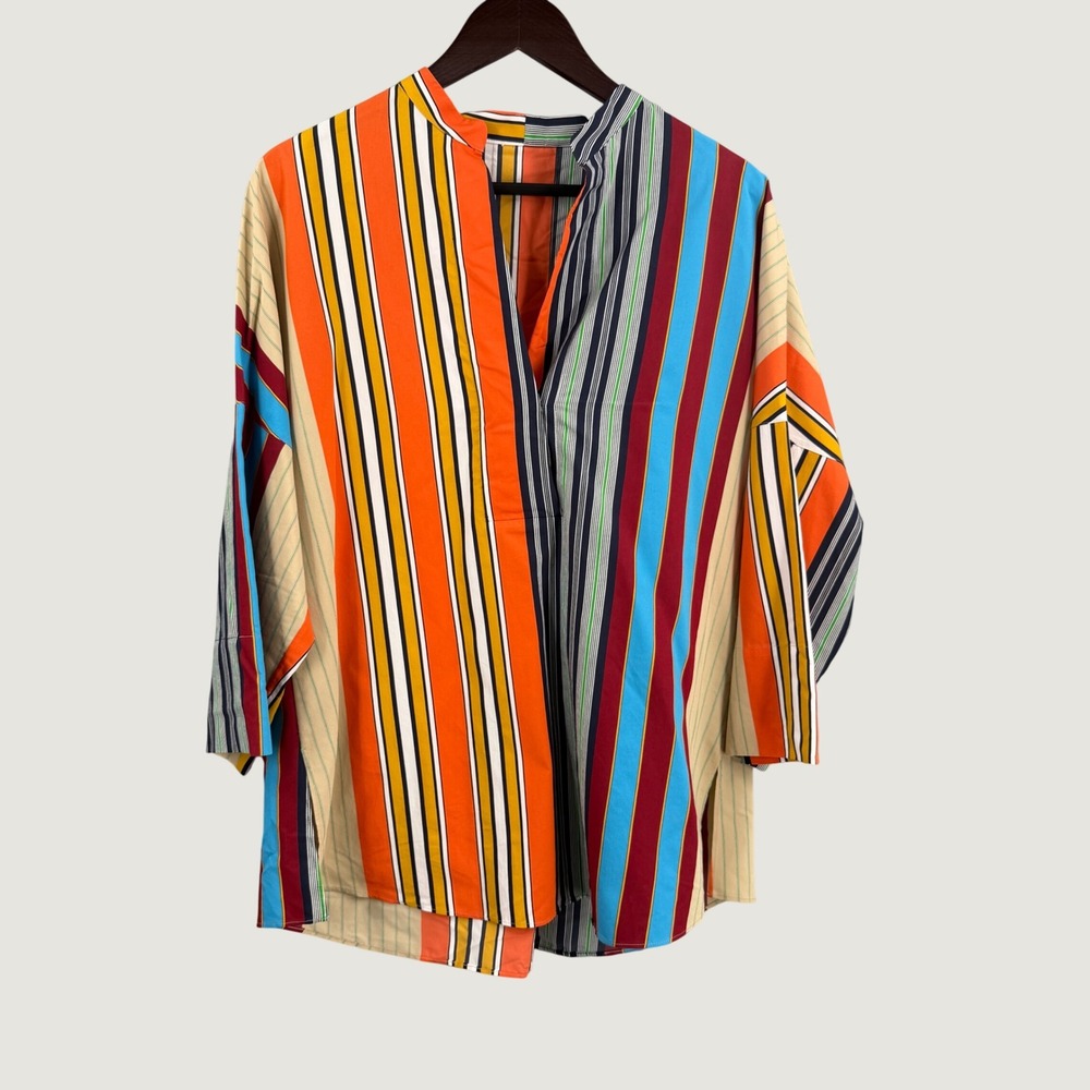 Akris Stripe Tunic Blouse 3/4 Sleeve Midweight‎ Woven Blend Estimated Medium